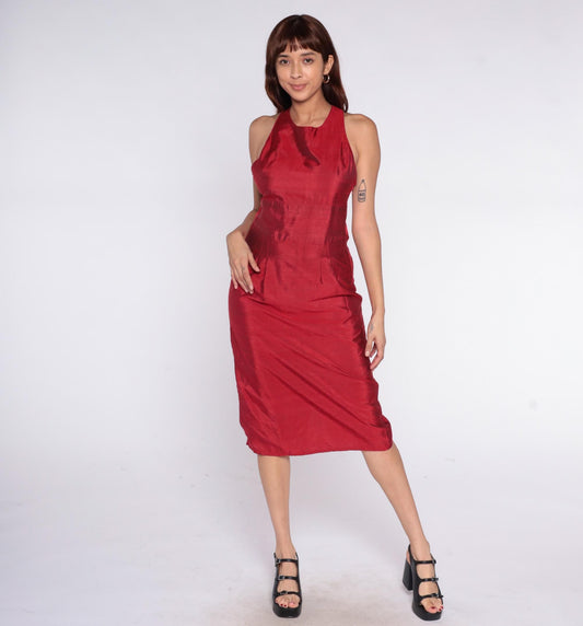 90s Crimson Halter Dress Cross-Back Knee Length Sleeveless Small