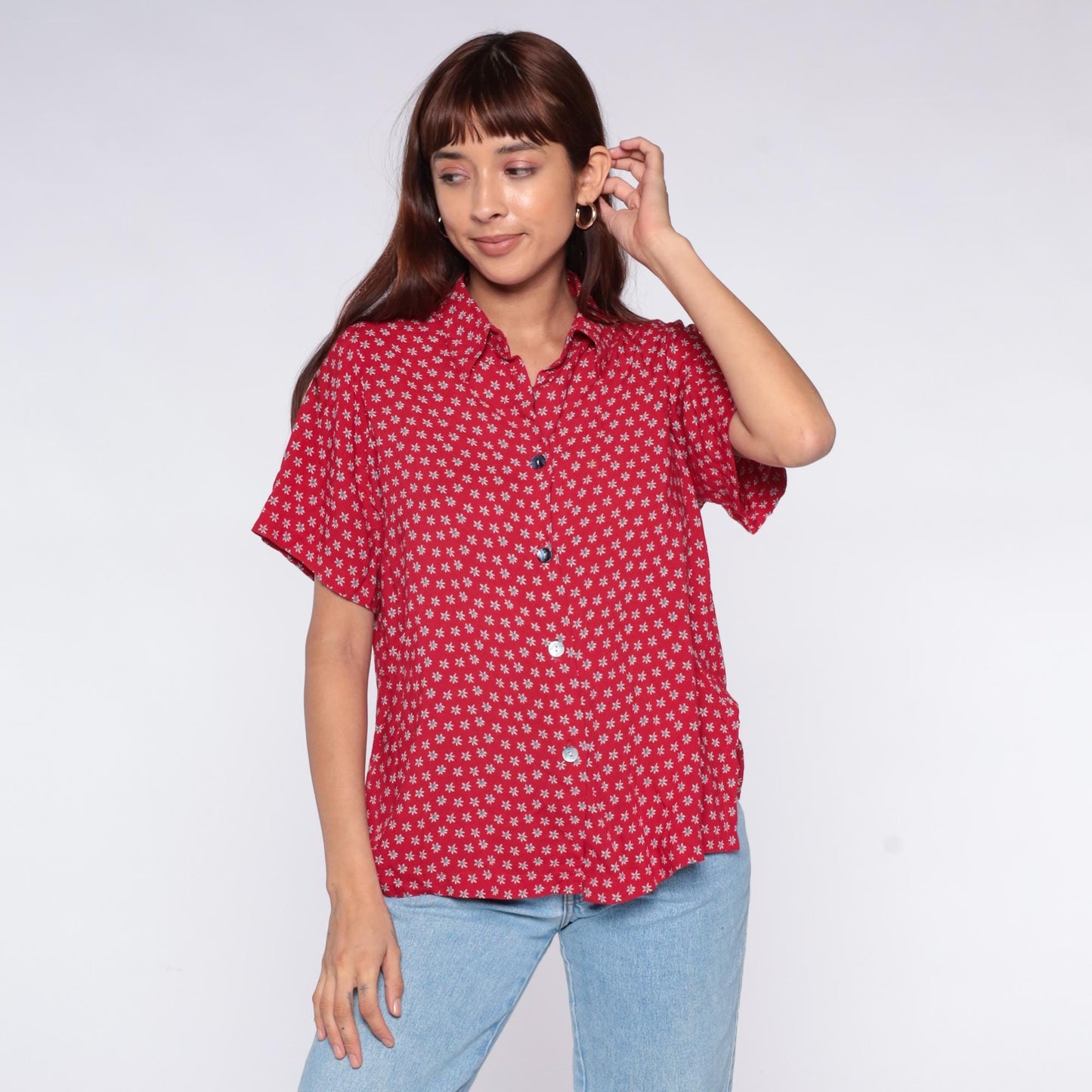 90s Clio Petites Red Floral Button-Down Shirt White Ditsy Print Large