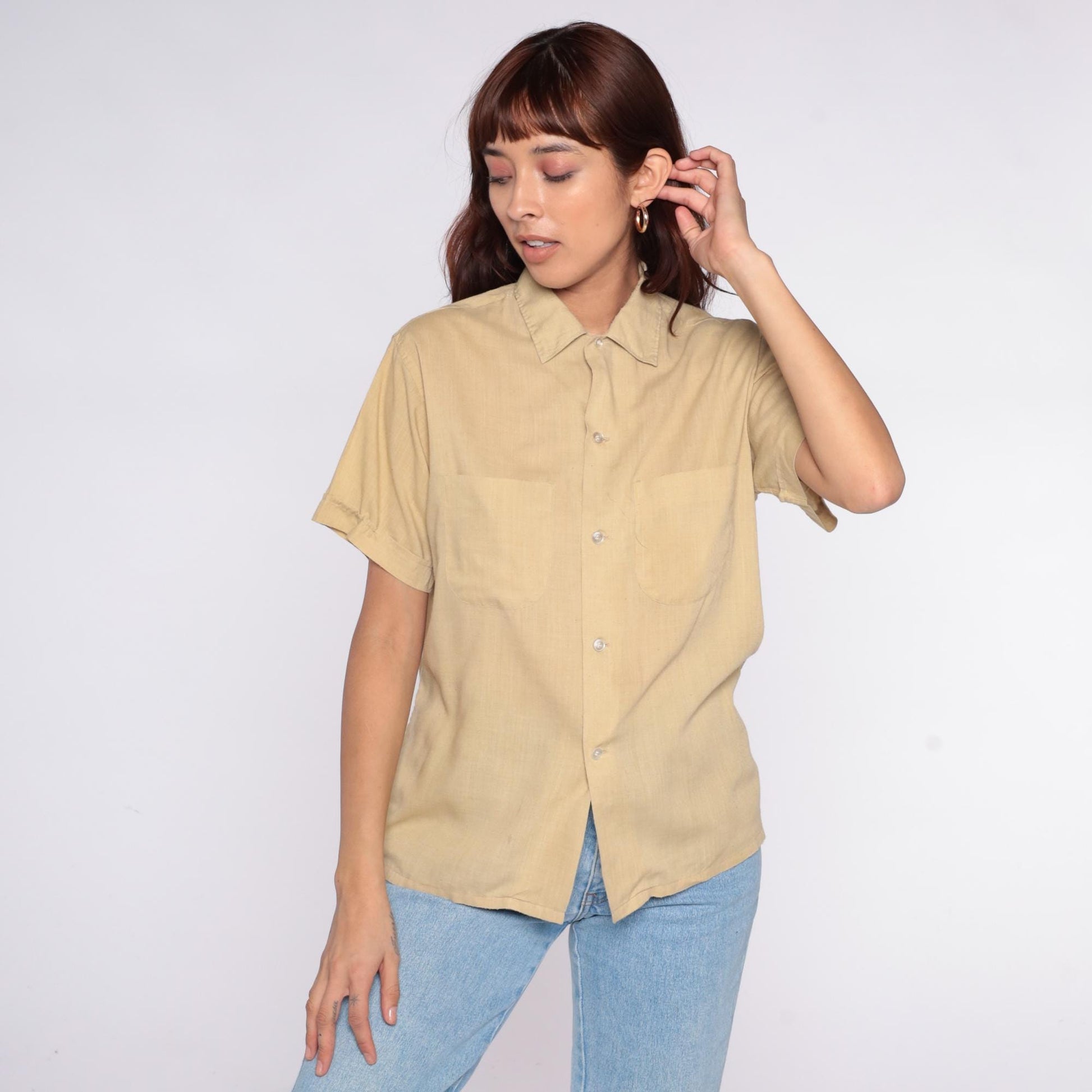 80s Beige Button-Up Shirt Pointed Collar Short Sleeve Cotton Blend Large