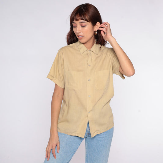80s Beige Button-Up Shirt Pointed Collar Short Sleeve Cotton Blend Large