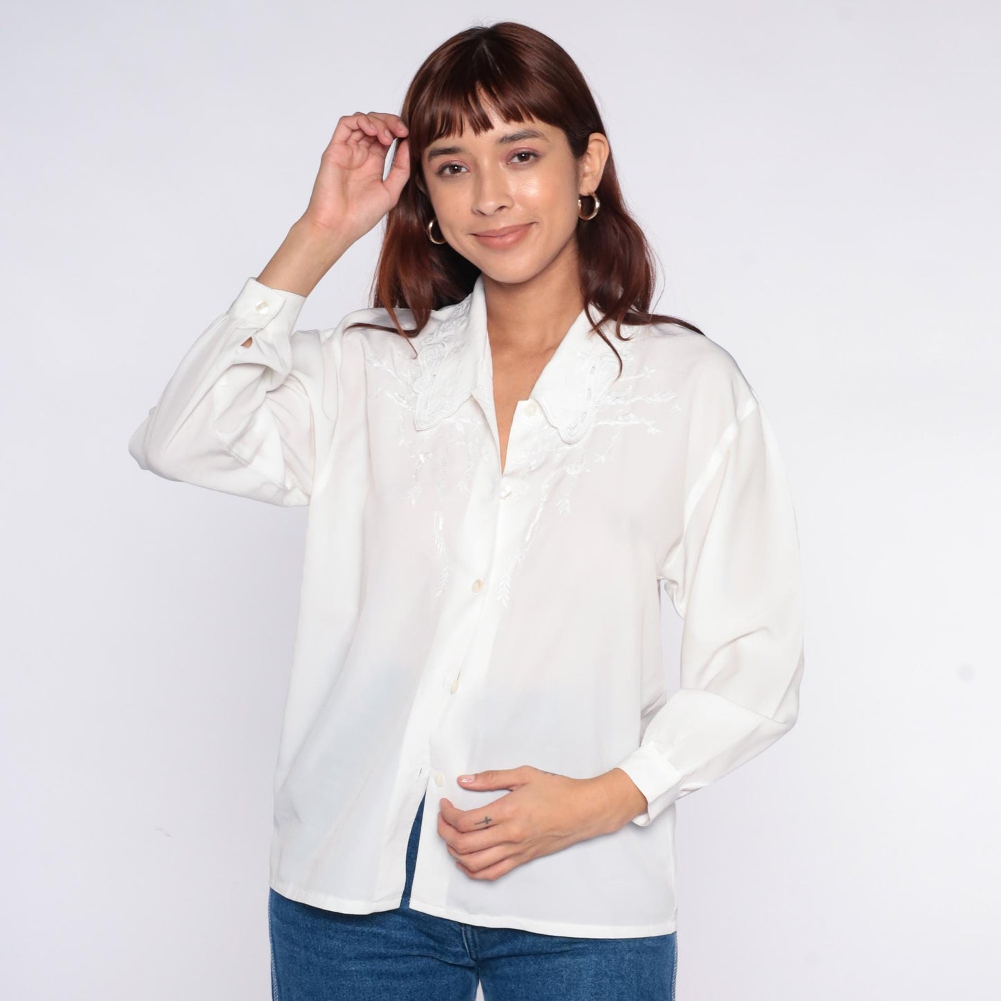 90s Embroidered Collar Blouse White Button Front Long Sleeve Medium