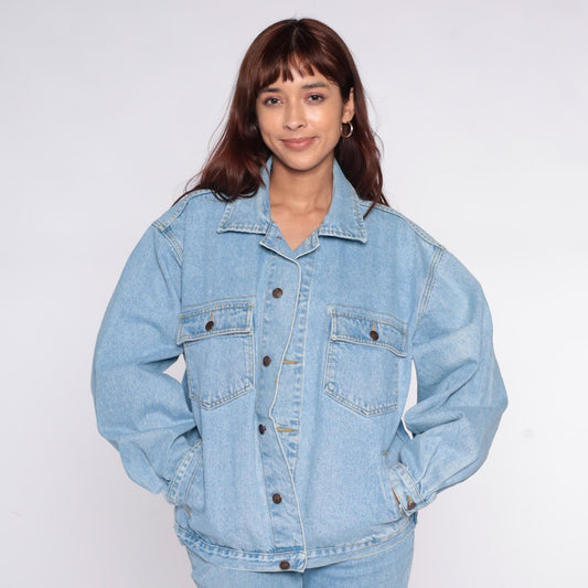 90s Light Wash Denim Jacket Button Front Cotton Jean Coat Large L