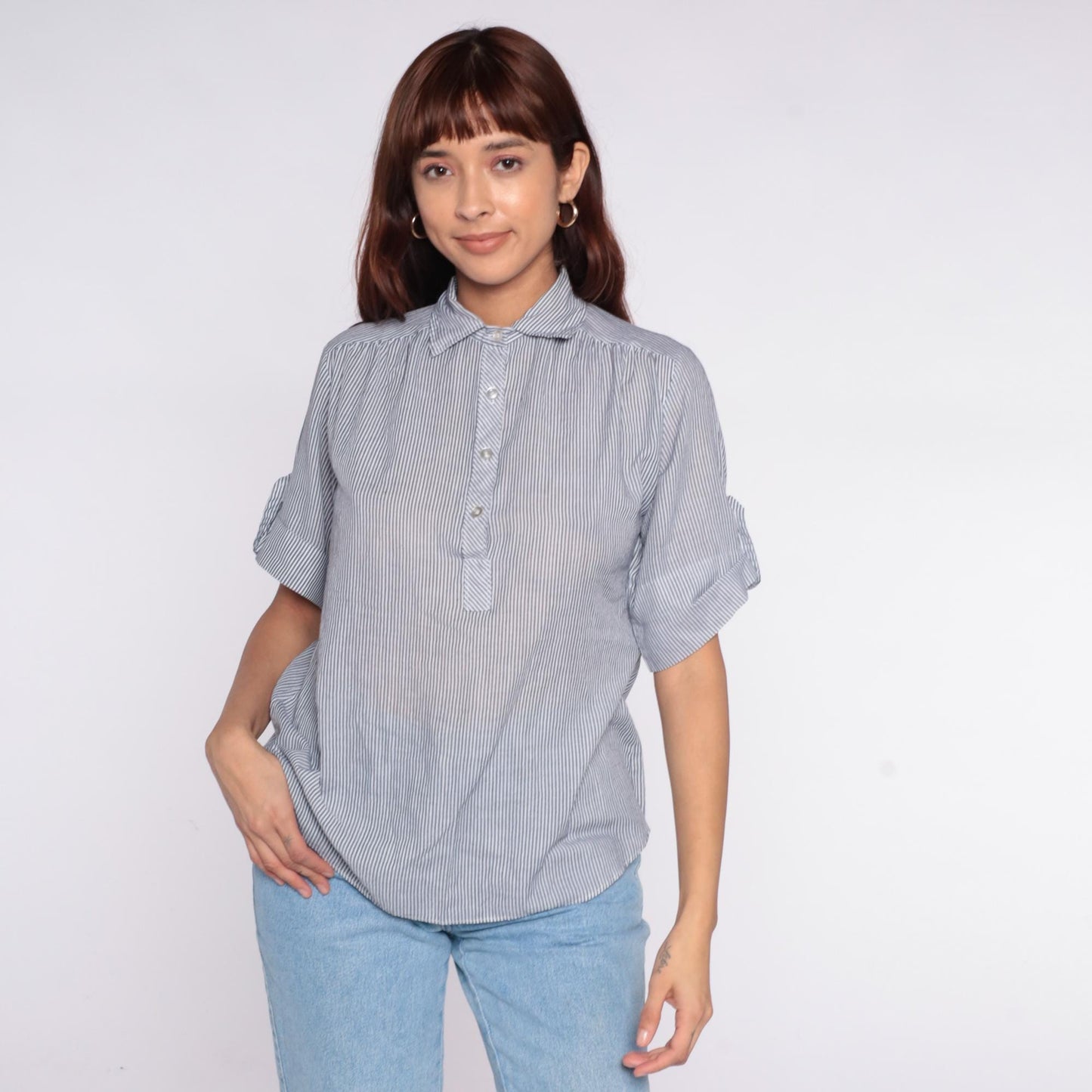 80s Miss Fashionality Blue White Striped Button Blouse Bow Tie Collar Large