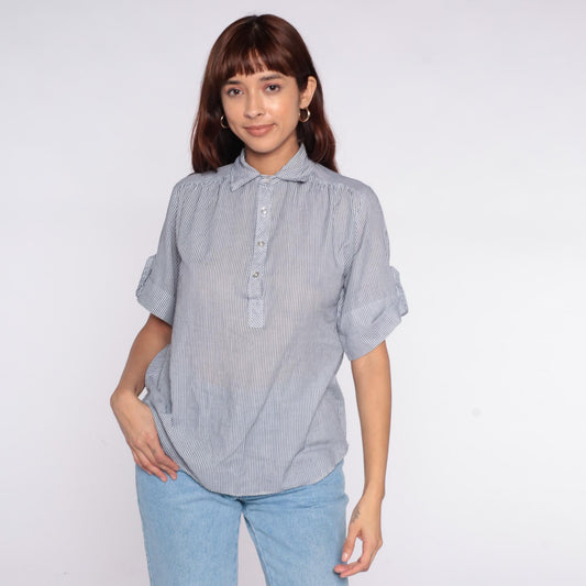 80s Miss Fashionality Blue White Striped Button Blouse Bow Tie Collar Large