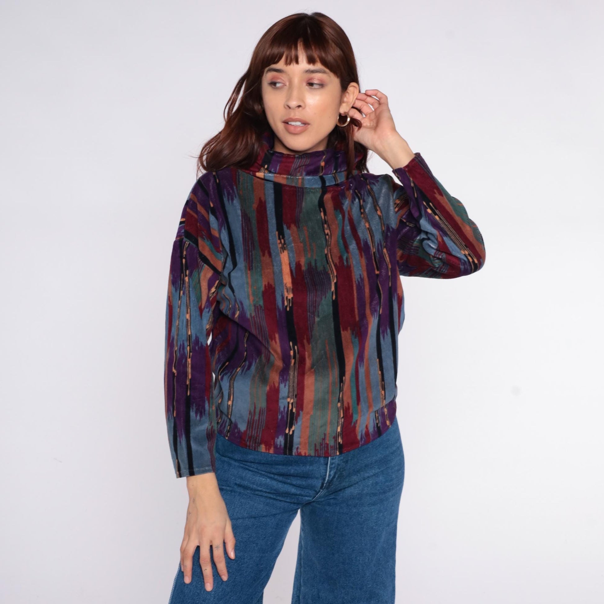 90s Southwestern Ikat Stripe Funnel Neck Blouse Purple Teal Small S
