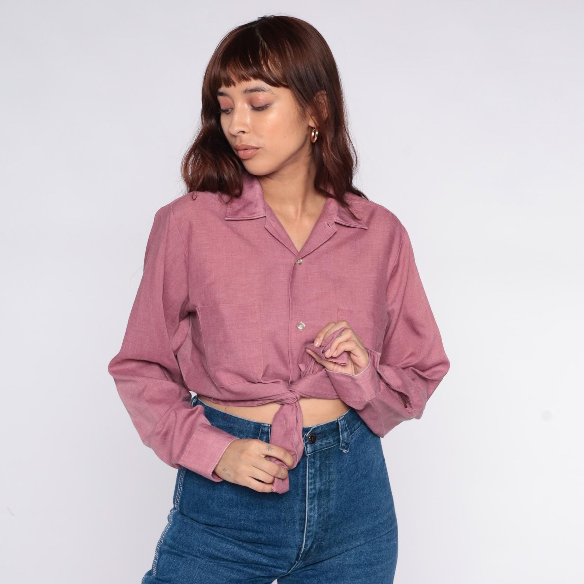 70s BVD Dusty Rose Button-Up Shirt Spread Collar Long Sleeve Small