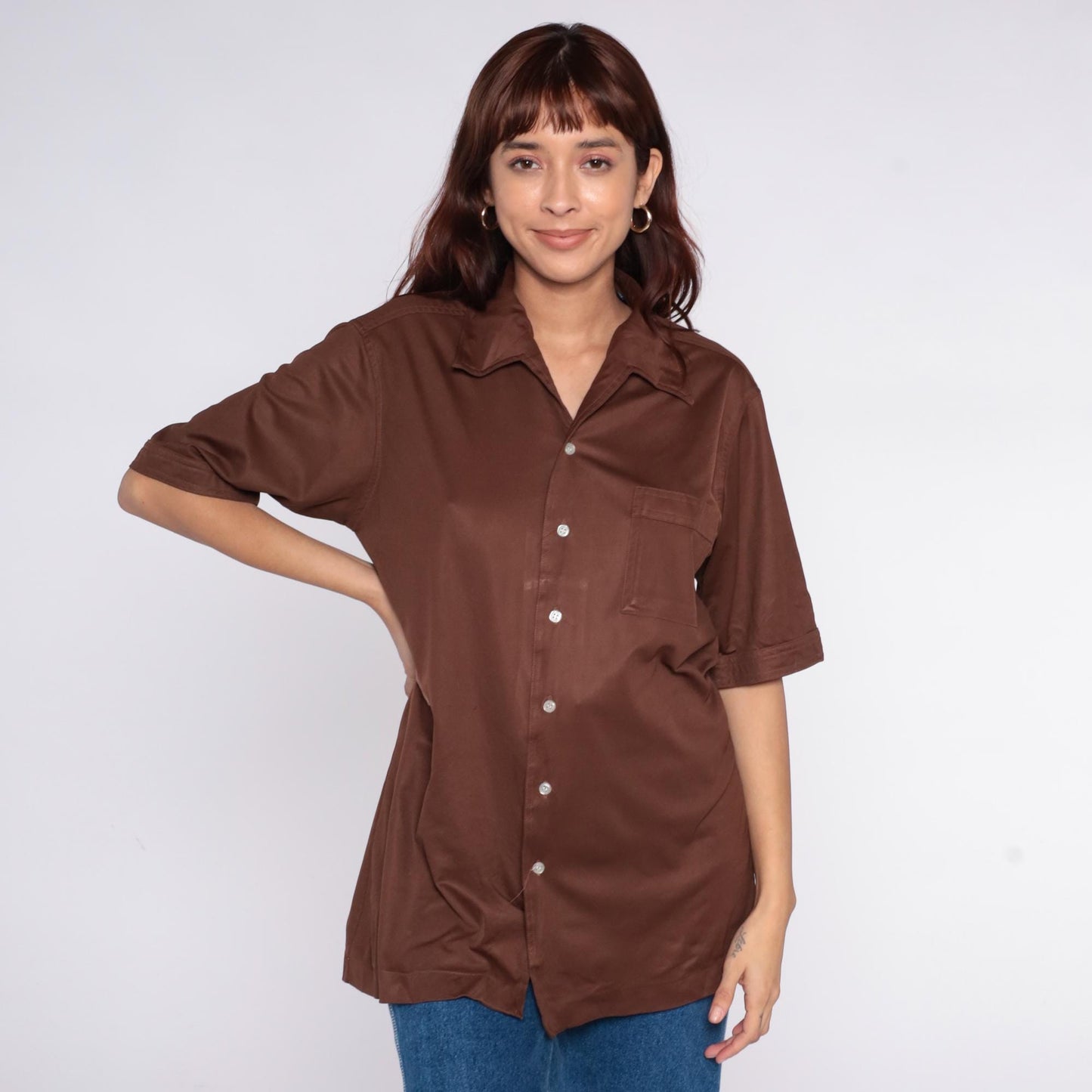 70s California Class Chocolate Brown Button-Up Shirt Camp Collar Large L