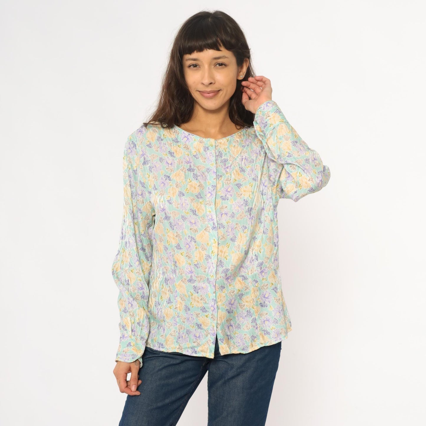 80s Evan Picone Silk Floral Blouse Mint Green Puff Sleeve Large L