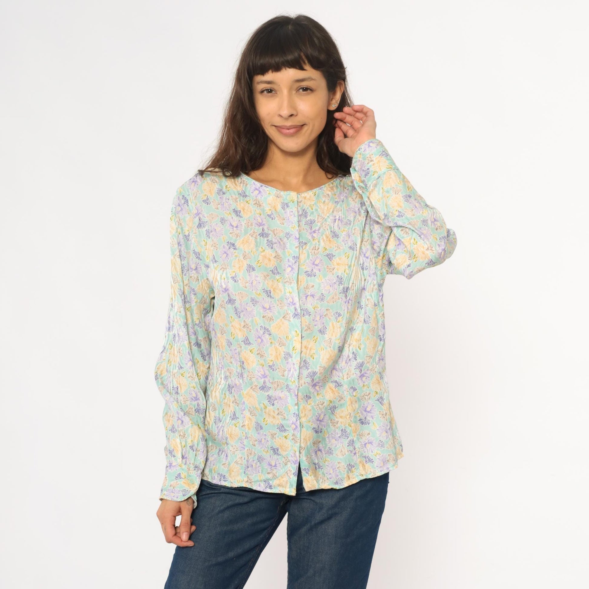 80s Evan Picone Silk Floral Blouse Mint Green Puff Sleeve Large L