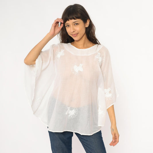 80s White Embroidered Bird Tunic Sheer Cotton Peter Pan Collar Kimono Sleeve Small Medium