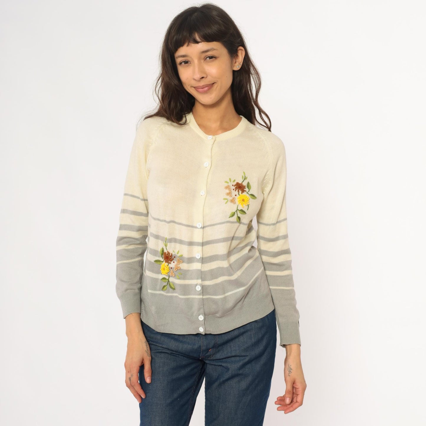 90s Jo-in Floral Embroidered Cardigan Cream Striped Knit Extra Small XS