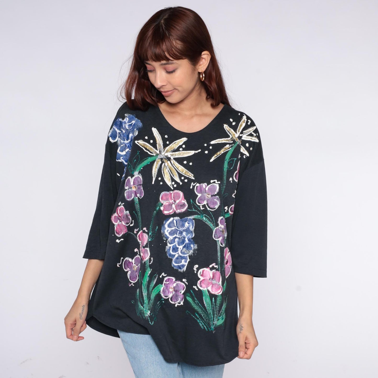 90s Baldot Hand-Painted Floral Black Cotton Tunic Medium M