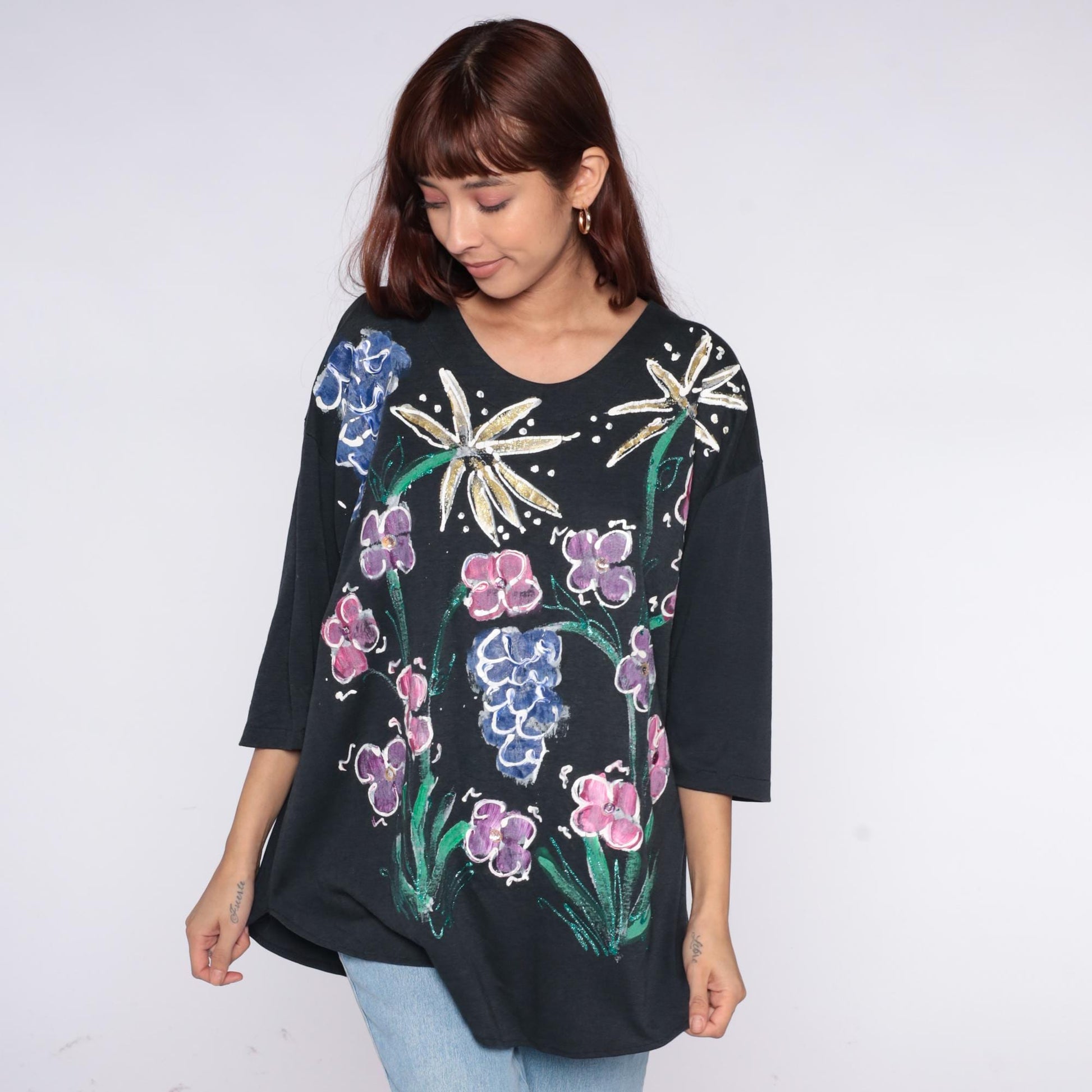 90s Baldot Hand-Painted Floral Black Cotton Tunic Medium M