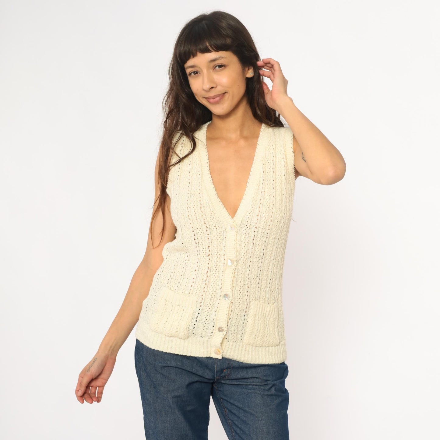 70s Cream Crochet Vest Pointelle Knit Sleeveless Cardigan Small S