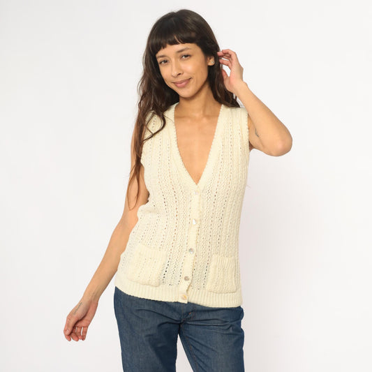 70s Cream Crochet Vest Pointelle Knit Sleeveless Cardigan Small S