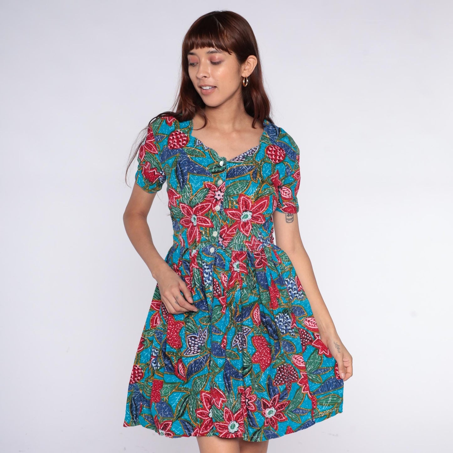 90s Regarde! Tropical Floral Cotton Dress Puff Sleeve Turquoise Small