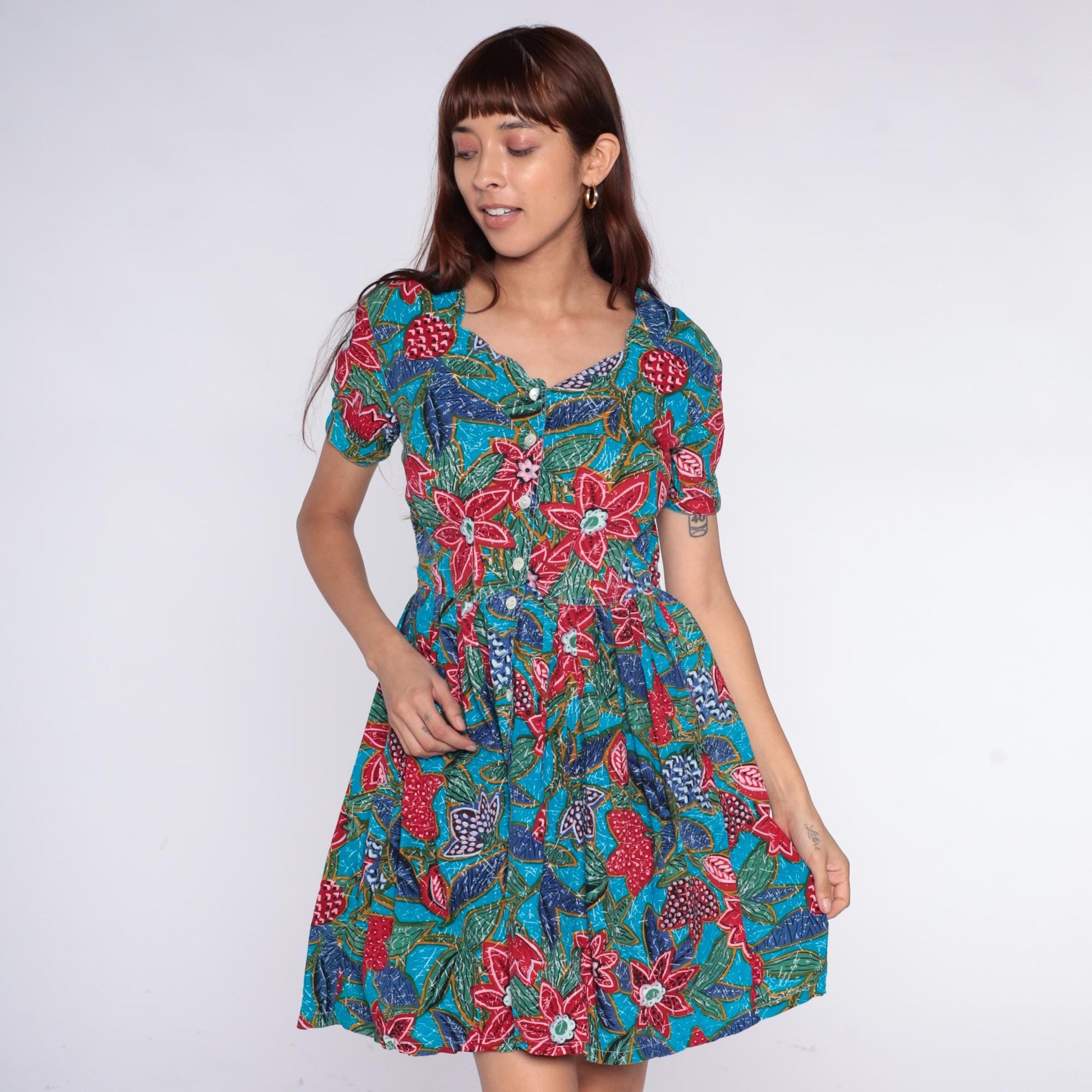 90s Regarde! Tropical Floral Cotton Dress Puff Sleeve Turquoise Small