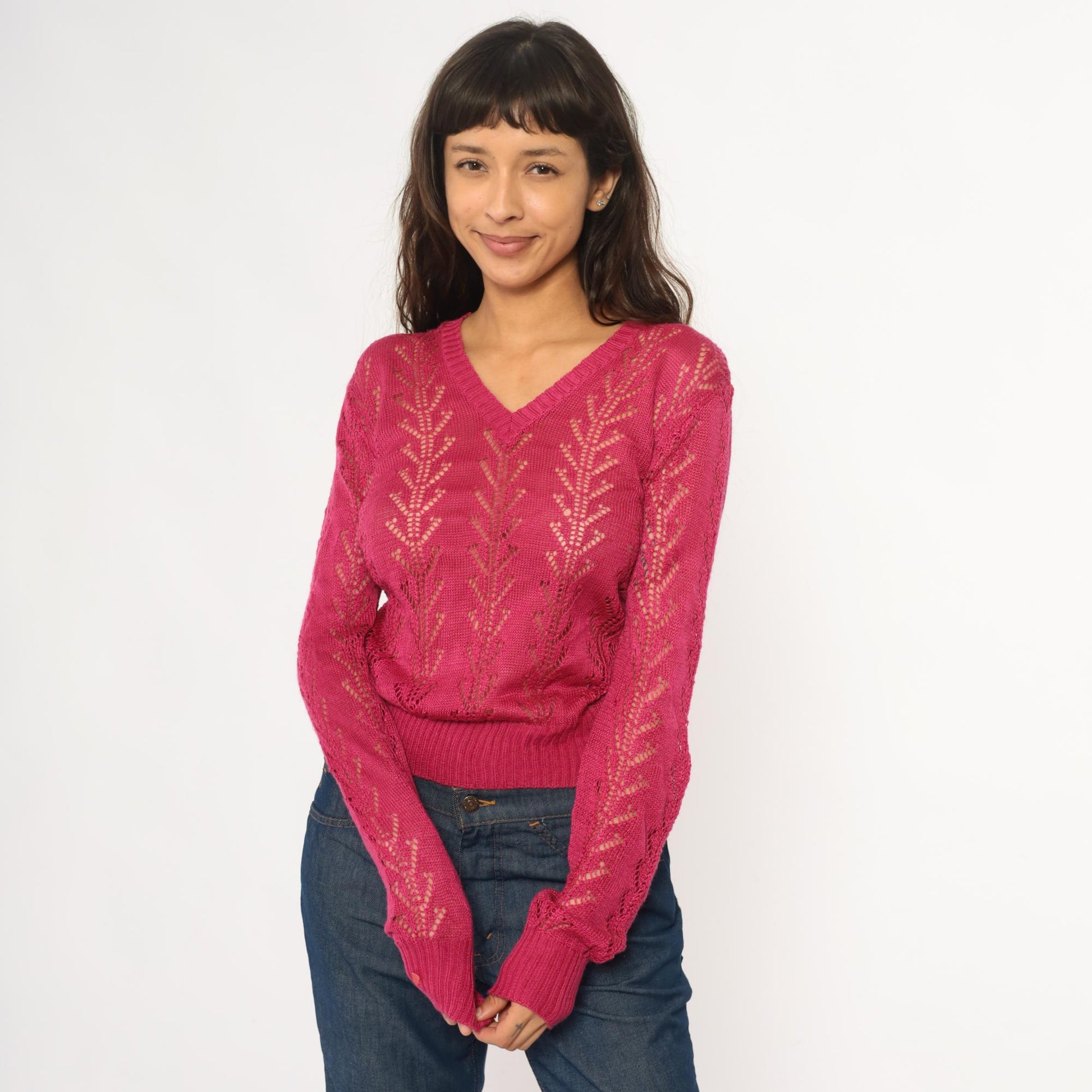 70s Alice Kim Hot Pink Pointelle Knit Sweater Chevron V-Neck Small