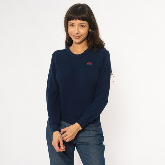 Izod Lacoste Navy Crew Neck Sweater 80s Crocodile Logo Pullover Small