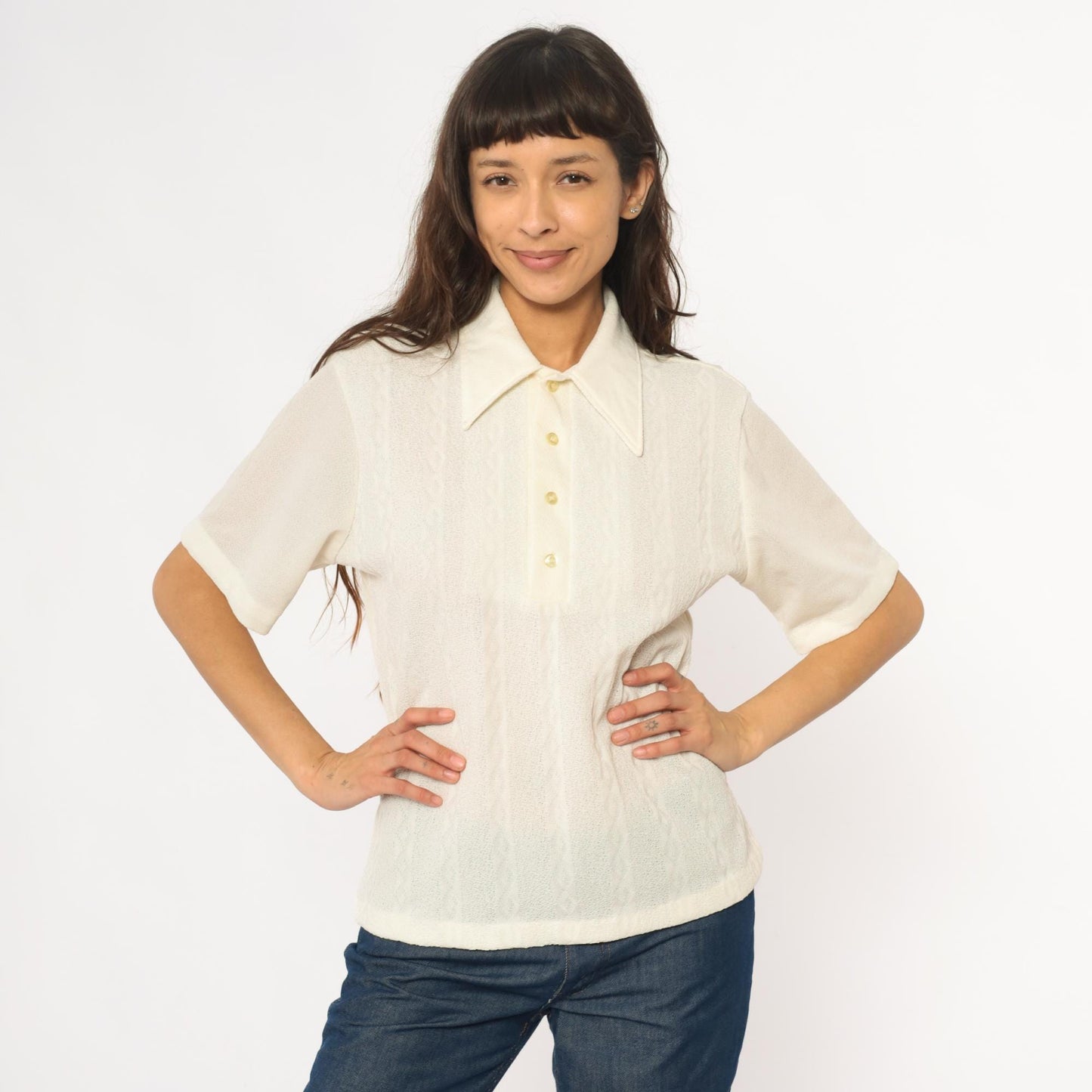 70s JC Penney Towncraft Cream Polo Blouse Pointed Collar Ribbed Large