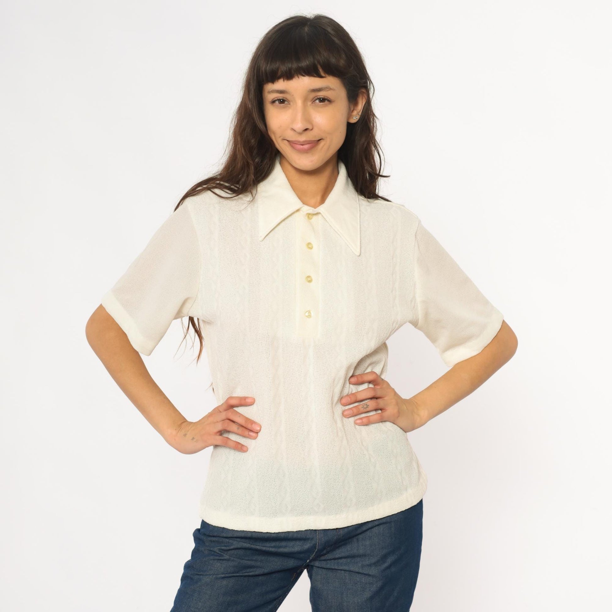 70s JC Penney Towncraft Cream Polo Blouse Pointed Collar Ribbed Large