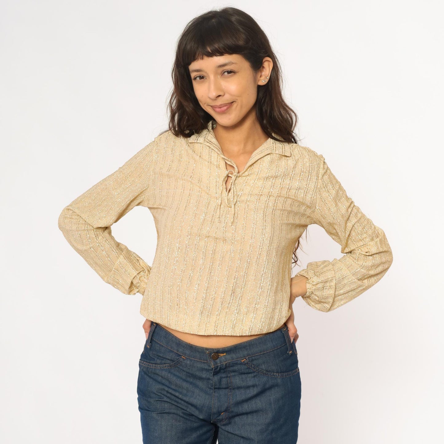 70s Judy Bond Gold Metallic Blouse Champagne Disco Collar Small