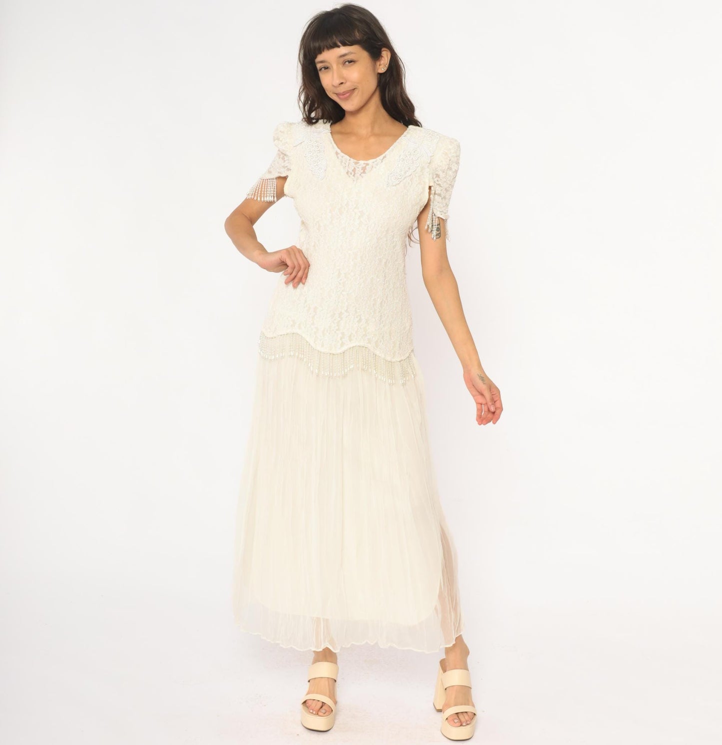 80s Cream Lace Puff Sleeve Dress Beaded Grape Detail Maxi Large L