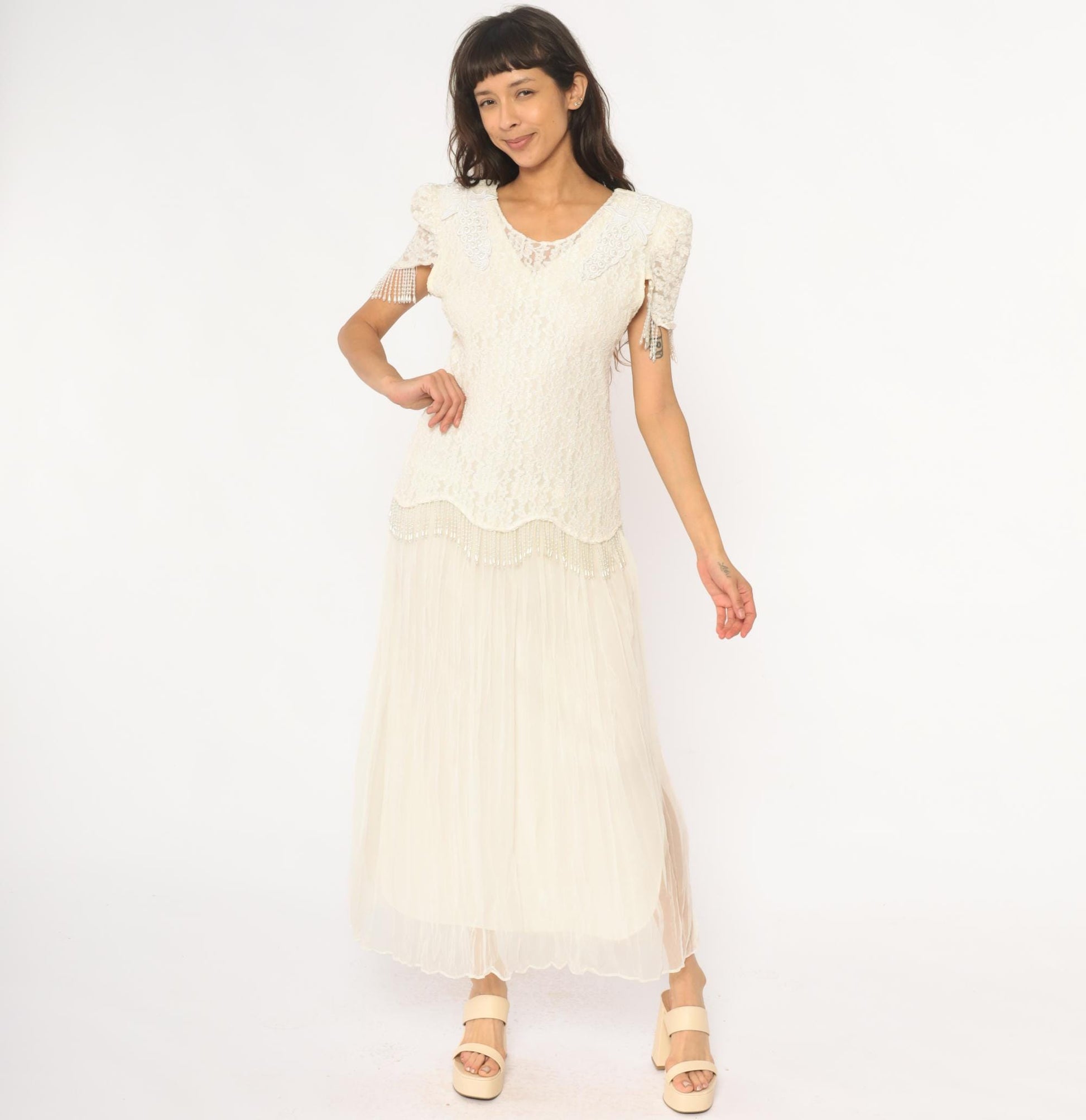 80s Cream Lace Puff Sleeve Dress Beaded Grape Detail Maxi Large L