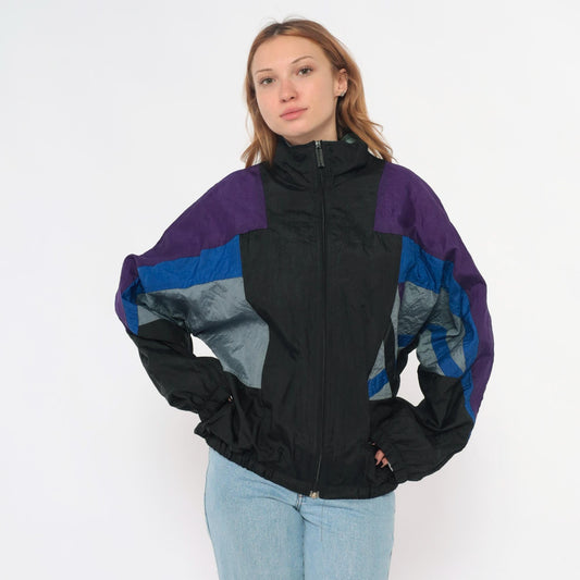 90s Colorblock Windbreaker Black Purple Blue Nylon Jacket Large L