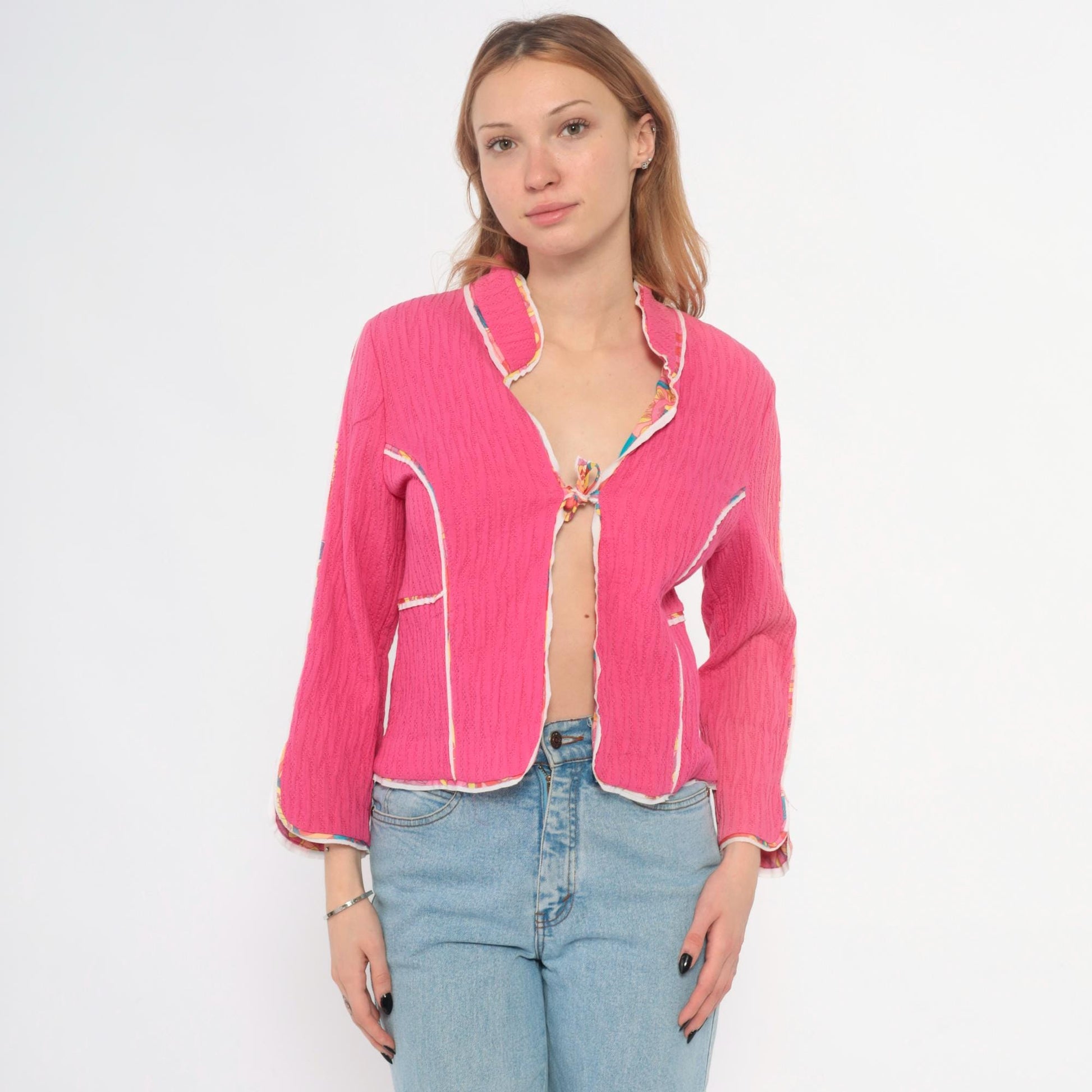 Y2K Canvasbacks Hot Pink Cropped Cardigan Floral Trim Tie Front Medium