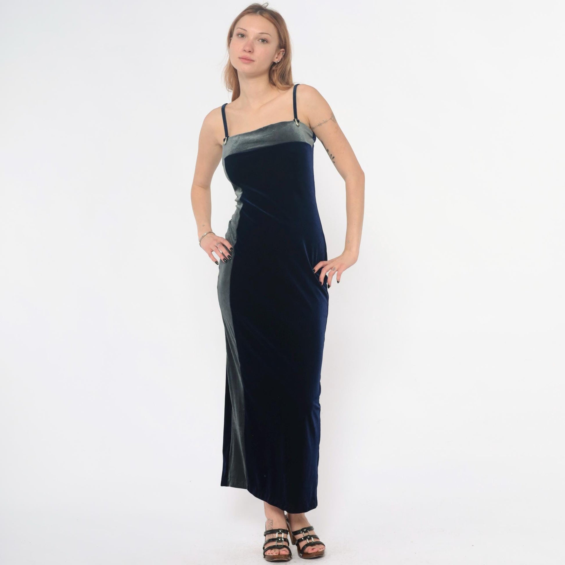 90s Navy Velvet Maxi Dress Spaghetti Strap Column – Shopexile