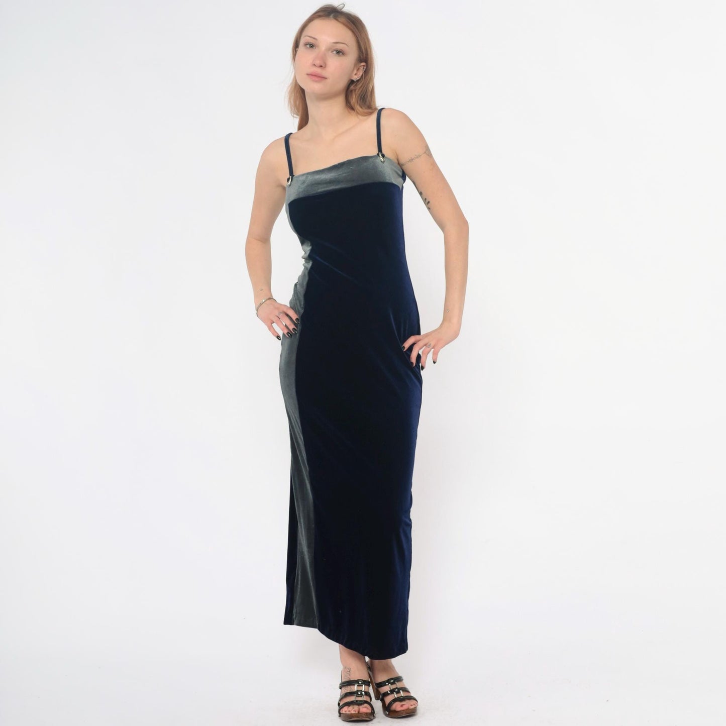 90s Navy Velvet Maxi Dress Spaghetti Strap Column Gold Hardware Medium M
