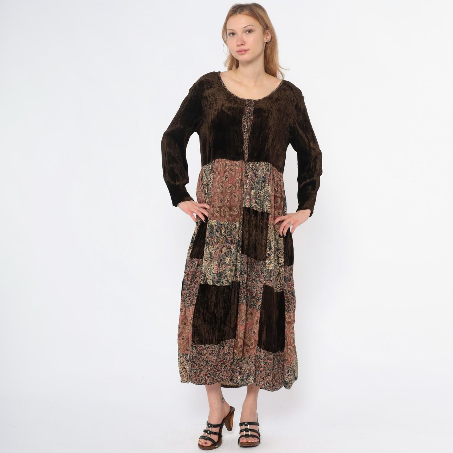 Y2K Bila Patchwork Velvet Maxi Dress Brown Paisley Rayon Small