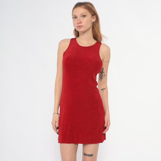 90s Red Sparkle Mini Dress Sleeveless Keyhole Back Small S