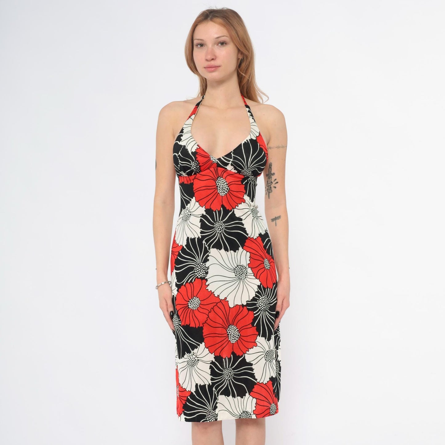 70s Halter Dress Floral Red Black Cream Plunge Neckline Small