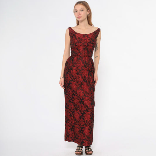 60s Red Black Brocade Empire Waist Evening Gown Floral Jacquard Sleeveless Extra Small