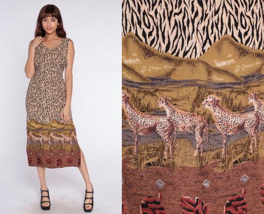 90s California Krush Safari Cheetah Midi Dress Animal Print Cream Medium