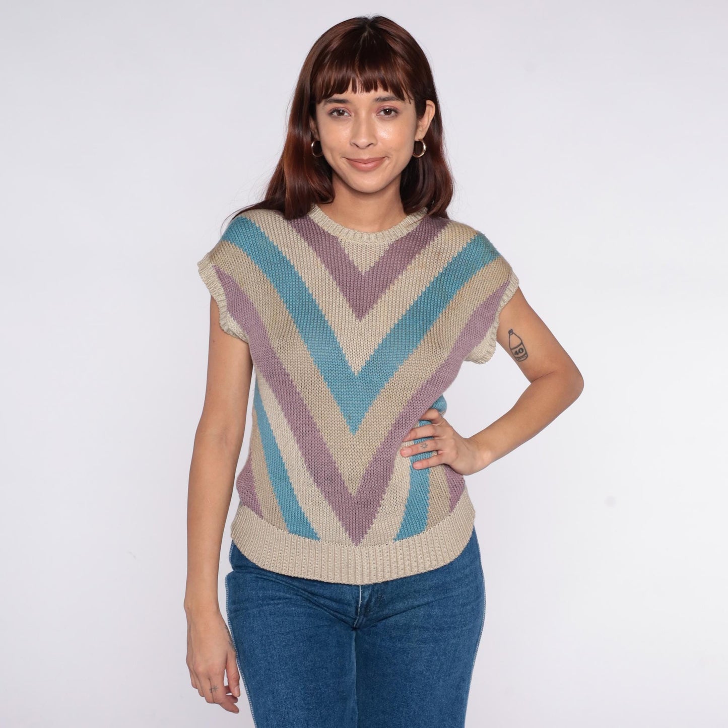80s Chevron Stripe Knit Sweater Purple Turquoise Cream Short Sleeve Small