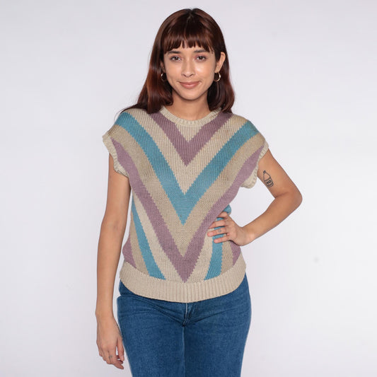 80s Chevron Stripe Knit Sweater Purple Turquoise Cream Short Sleeve Small
