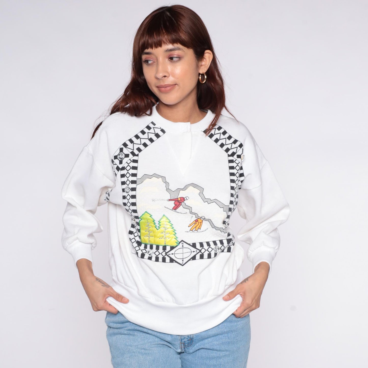 90s Cristina Ski Sweatshirt White Graphic Mountain Scene Crewneck Medium M
