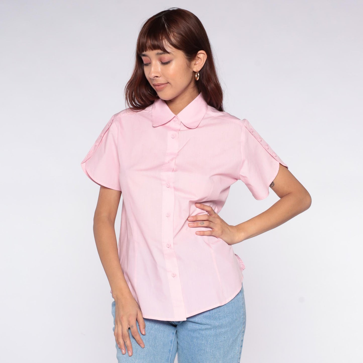 80s American Sweetheart Pink Button-Up Blouse Peter Pan Collar Medium M