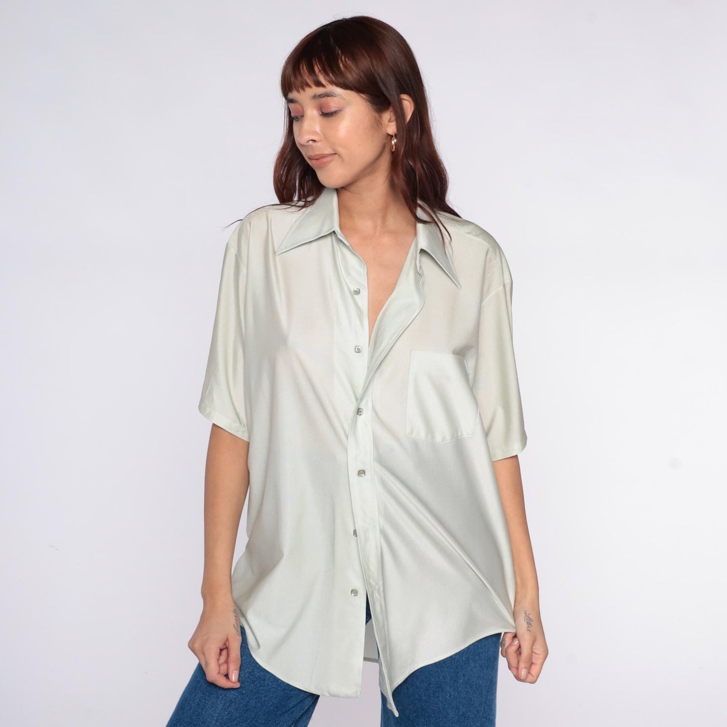 70s Van Heusen Sage Green Short Sleeve Button-Up Shirt Chest Pocket Large L