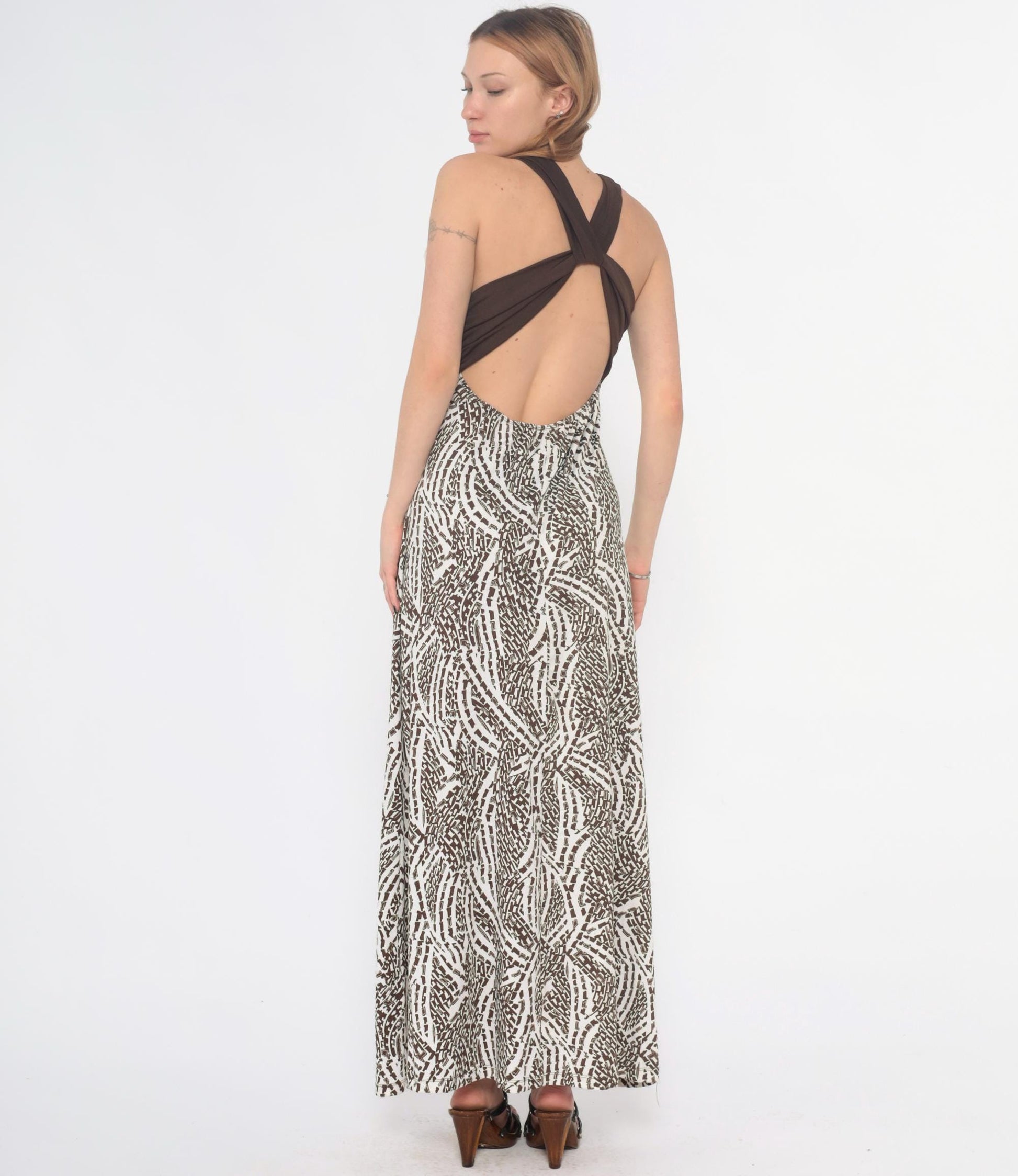 Y2K Hypnotik Halter Maxi Dress Brown Geometric Open Back Medium M