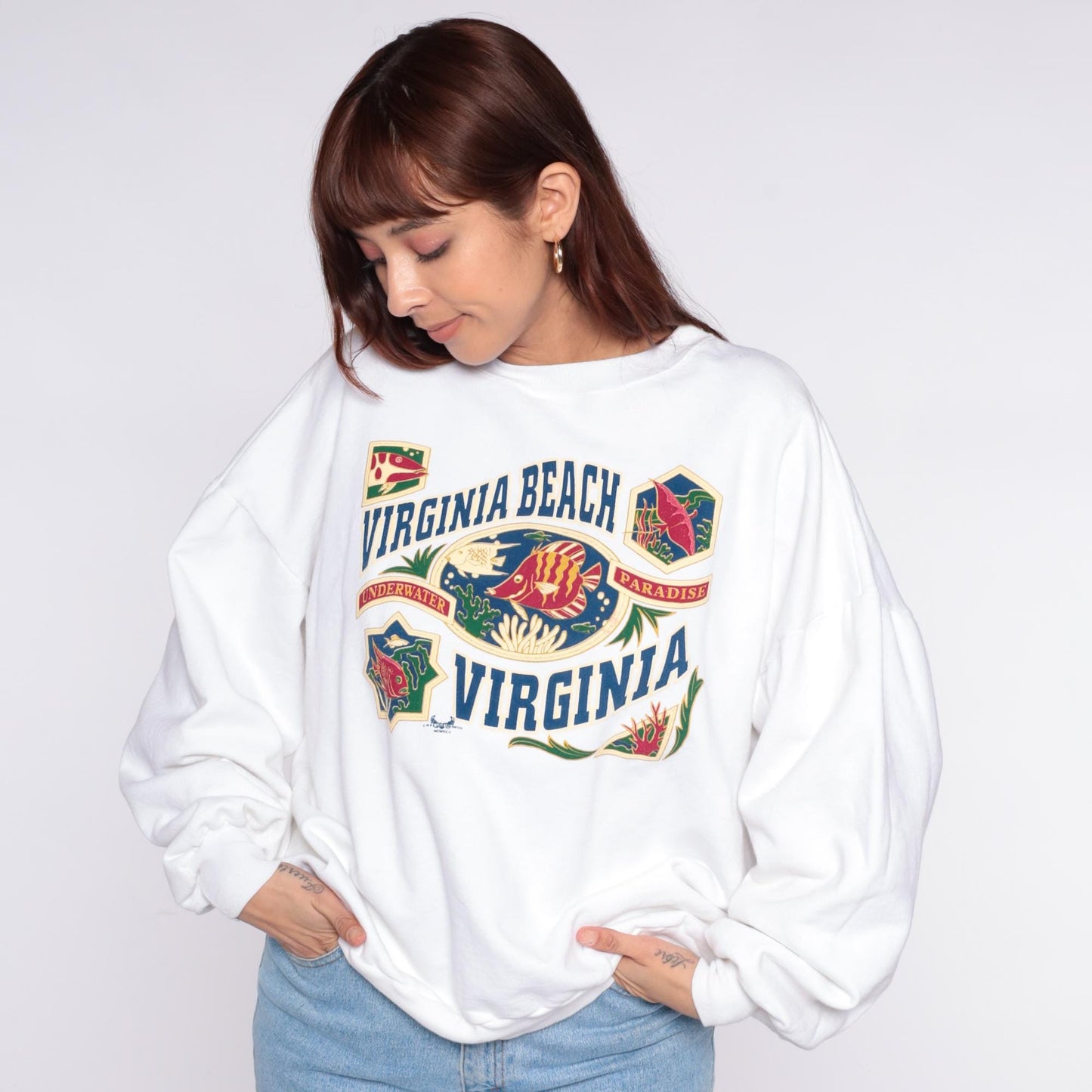 90s Virginia Beach Sweatshirt Plus Size XXL White Tropical Fish Graphic Pullover