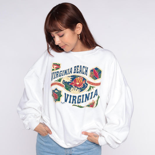 90s Virginia Beach Sweatshirt Plus Size XXL White Tropical Fish Graphic Pullover