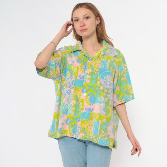 70s Paisley Patchwork Blouse Green Pink Blue Floral Button-Up Extra Large XL
