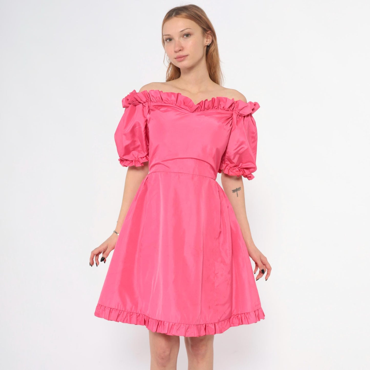 70s Hot Pink Off-Shoulder Puff Sleeve Dress Ruffle Hem Extra Small XS