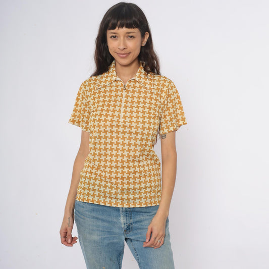 70s Houndstooth Polo Zip Front Collared Shirt Yellow Cream Geometric Extra Small