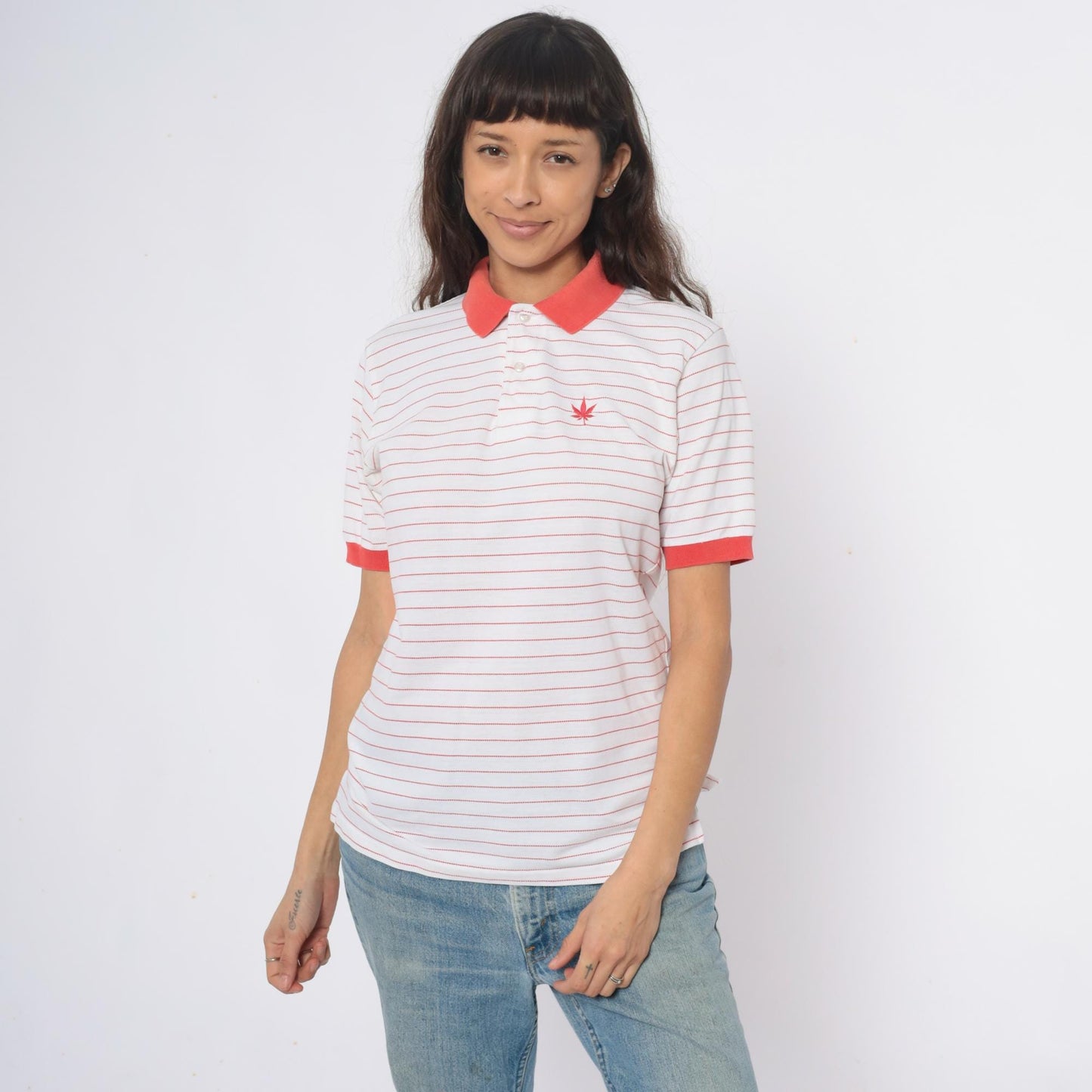 90s Boast Striped Polo Shirt Red White Cannabis Leaf Embroidered Medium