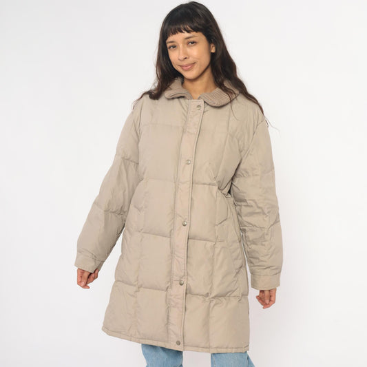 80s Beige Quilted Puffer Coat Down Filled Long Jacket Knit Collar Large L
